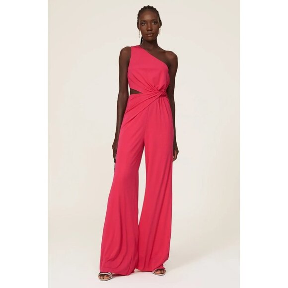 HOT Halston Randi Pink Jersey Cutout One Shoulder Jumpsuit